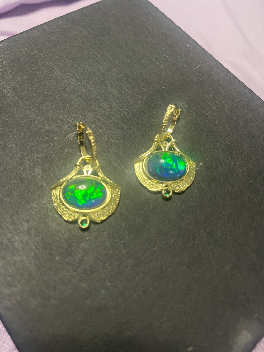 Gold-Tone Earrings with Green-Blue Opal Cabochons - Women Jewelry